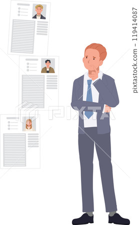 Employer Contemplating Job Application Review. Hiring Decision Process in Business Recruitment Employer Contemplating Job Application Review. Hiring Decision Process in Business Recruitment 119414087