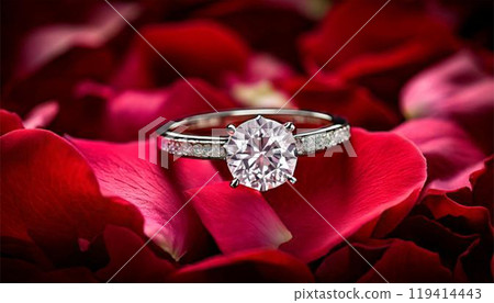 A diamond ring resting on top of scattered roses 119414443