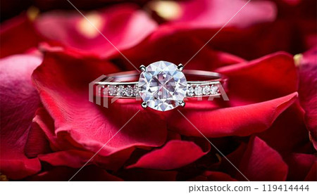 A diamond ring resting on top of scattered roses 119414444