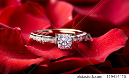 A diamond ring resting on top of scattered roses 119414450