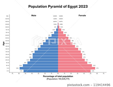 Population pyramid of Egypt 2023. Age structure diagram and graphical illustration of the distribution of over 114 million people, divided into females and males, quoted in percent and 4-year steps. Population pyramid of Egypt 2023. Age structure diagram and graphical illustration of the distribution of over 114 million people, divided into females and males, quoted in percent and 4-year steps. 119414496