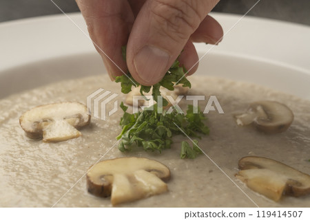 Mushroom potage - Potage topped with mushrooms and parsley Mushroom potage - Potage topped with mushrooms and parsley 119414507