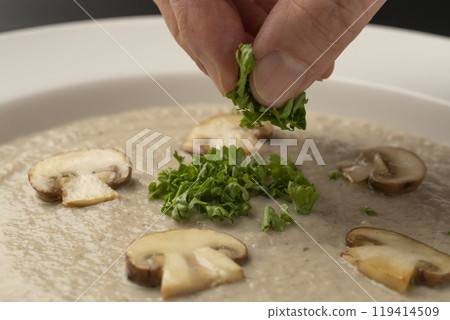 Mushroom potage - Potage topped with mushrooms and parsley Mushroom potage - Potage topped with mushrooms and parsley 119414509