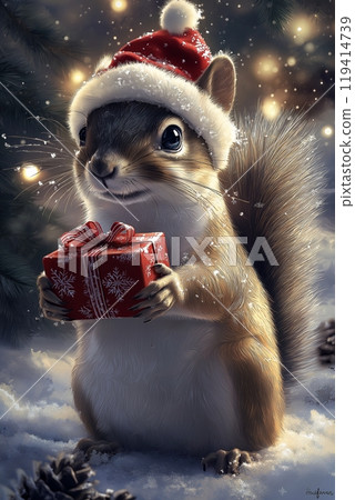 可愛的松鼠戴著聖誕帽和聖誕禮物 可愛的松鼠戴著聖誕帽和聖誕禮物 119414739