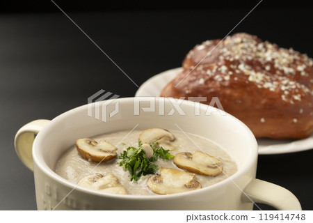 Mushroom potage Mushroom potage soup and bread 119414748