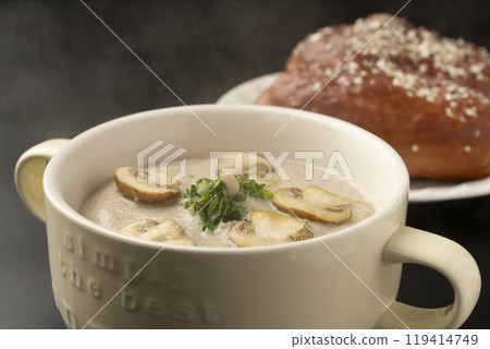 Mushroom potage Mushroom potage soup and bread 119414749