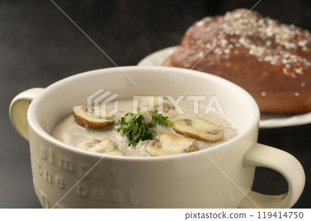 Mushroom potage Mushroom potage soup and bread 119414750