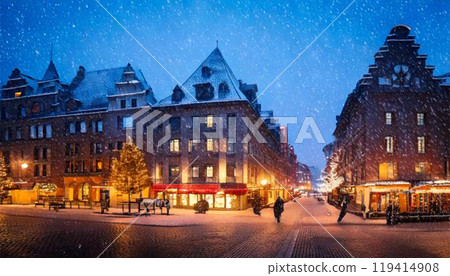 城市建築與雪花飄落 119414908