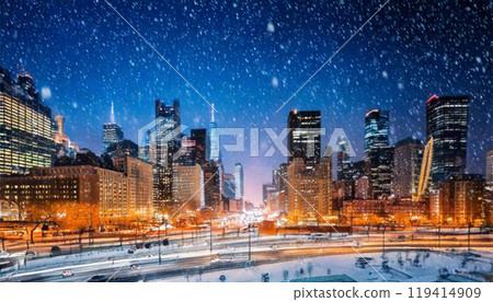 城市建築與雪花飄落 119414909