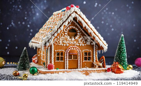 Gingerbread house made with icing and cookies 119414949