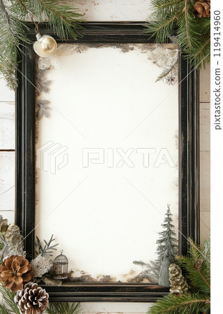 Frame decorated with Christmas ornaments and blank copy space Frame decorated with Christmas ornaments and blank copy space 119414960