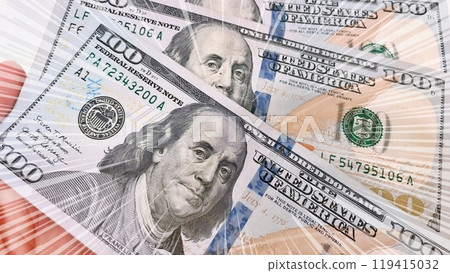 A Fan of $100 Bills.A close-up photo of a fan of $100 US dollar bills. The bills are arranged neatly, with the portrait of Benjamin Franklin visible on each bill.  119415032
