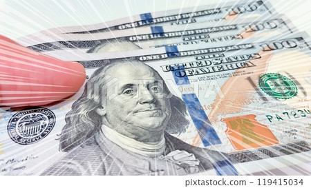 A Fan of $100 Bills.A close-up photo of a fan of $100 US dollar bills. The bills are arranged neatly, with the portrait of Benjamin Franklin visible on each bill.  119415034
