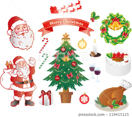Christmas Santa Claus tree present decoration arrangement male senior person illustration Christmas Santa Claus tree present decoration arrangement male senior person illustration 119415125
