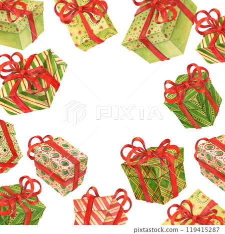 Background with isolated different flying and falling gift boxes in festive wrapping paper with red ribbons and bows. Holiday frame with empty place for text in the center for postcards or covers 119415287