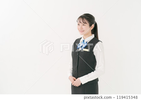 A woman wearing a company's uniform 119415348
