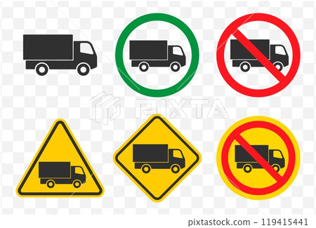 No truck sign. No lorry parking icon symbol. Truck prohibition logo. Vector illustration image. Isolated on white background. 119415441