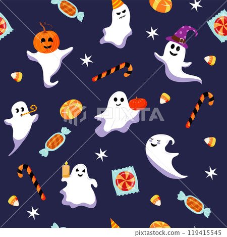 Vector seamless pattern. Cute Halloween ghost and candy. Different funny characters on purple background. Vector seamless pattern. Cute Halloween ghost and candy. Different funny characters on purple background. 119415545