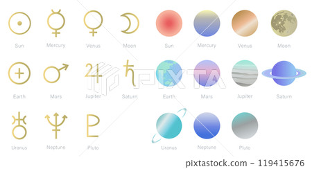 Illustration set of planetary symbols and solar system planets Illustration Background illustration Sun Moon Earth Planet Illustration set of planetary symbols and solar system planets Illustration Background illustration Sun Moon Earth Planet 119415676