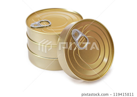 A Group of Stacked Tin Cans with Blank Edges Isolated on White 119415811