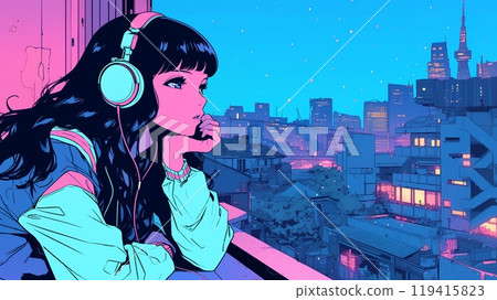 戴著耳機聽音樂的動漫風格女孩 AI 生成圖像 戴著耳機聽音樂的動漫風格女孩 AI 生成圖像 119415823