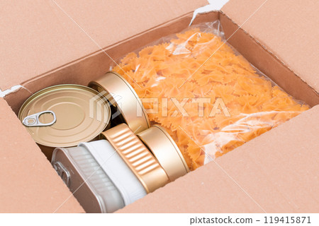 Carton Box with Canned Food, Cereals and Grocery - Donation Box or Food Reserves Carton Box with Canned Food, Cereals and Grocery - Donation Box or Food Reserves 119415871