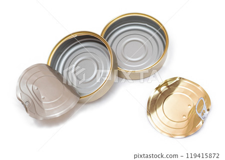 Two Opened Empty Tin Cans With Broken Cover Isolated on White Background Two Opened Empty Tin Cans With Broken Cover Isolated on White Background 119415872