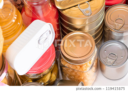 Food Reserves: Canned Food, Spaghetti, Pate, Tuna, Tomato Juice, Pasta, Fish and Grocery Food Reserves: Canned Food, Spaghetti, Pate, Tuna, Tomato Juice, Pasta, Fish and Grocery 119415875