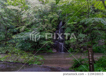 A small waterfall surrounded by green trees 119416015