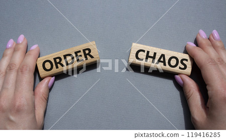 Chaos or Order symbol. Concept word Chaos or Order on wooden blocks. Businessman hand. Beautiful grey background. Business and Chaos or Order concept. Copy space 119416285