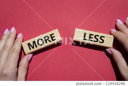 More or Less symbol. Concept word More or Less on wooden blocks. Businessman hand. Beautiful red background. Business and More or Less concept. Copy space More or Less symbol. Concept word More or Less on wooden blocks. Businessman hand. Beautiful red background. Business and More or Less concept. Copy space 119416296