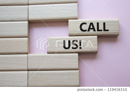 Call Us symbol. Wooden blocks with words Call Us. Beautiful pink background. Business and Call Us concept. Copy space. Call Us symbol. Wooden blocks with words Call Us. Beautiful pink background. Business and Call Us concept. Copy space. 119416310