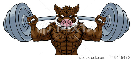 Boar Razorback Hog Weight Lifting Gym Mascot Boar Razorback Hog Weight Lifting Gym Mascot 119416450