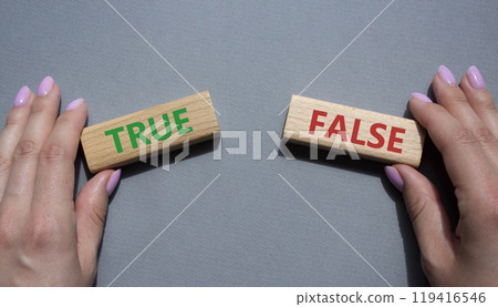 True or False symbol. Concept word True or False on wooden blocks. Businessman hand. Beautiful grey background. Business and True or False concept. Copy space True or False symbol. Concept word True or False on wooden blocks. Businessman hand. Beautiful grey background. Business and True or False concept. Copy space 119416546
