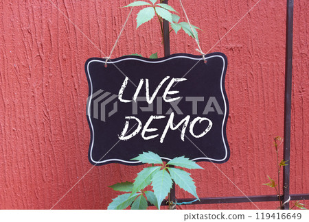 Live Demo symbol. Concept words Live Demo on black chalk background. Beautiful red background. Business and Live Demo concept. Copy space. 119416649