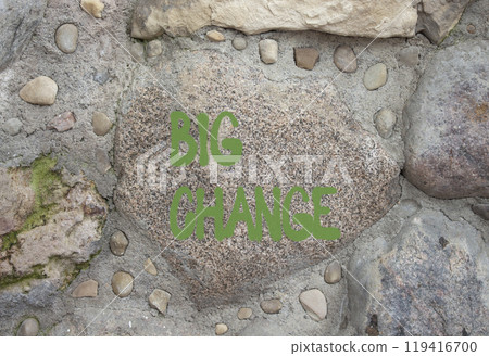 Big change symbol. Stone wall with words Big change. Beautiful stone background. Business and Big change. Copy space. Big change symbol. Stone wall with words Big change. Beautiful stone background. Business and Big change. Copy space. 119416700