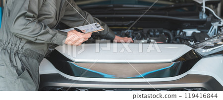 檢查汽車引擎室/驗收檢查（車輛檢查/定期檢查）的汽車修理工 119416844