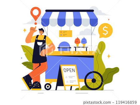 Small Business Vector Illustration Featuring Independent Ventures from Various Sectors Including Thriving Online Store and Food Trucks in a Background 119416859