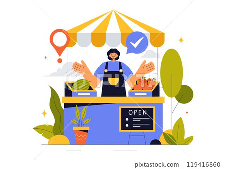 Small Business Vector Illustration Featuring Independent Ventures from Various Sectors Including Thriving Online Store and Food Trucks in a Background 119416860