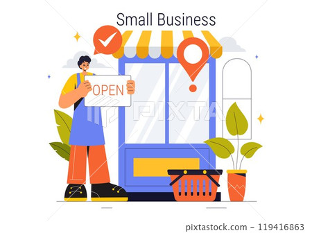 Small Business Vector Illustration Featuring Independent Ventures from Various Sectors Including Thriving Online Store and Food Trucks in a Background 119416863