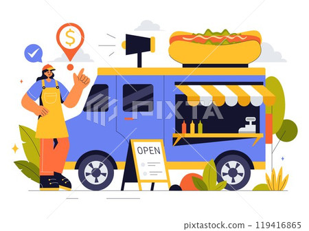 Small Business Vector Illustration Featuring Independent Ventures from Various Sectors Including Thriving Online Store and Food Trucks in a Background 119416865