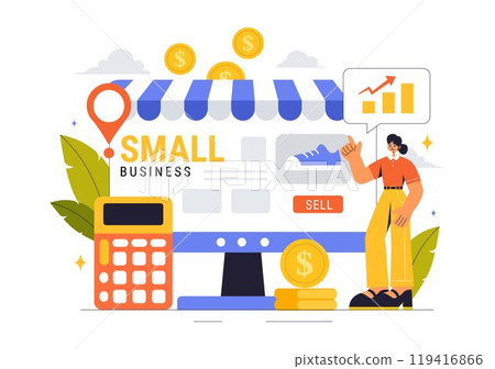 Small Business Vector Illustration Featuring Independent Ventures from Various Sectors Including Thriving Online Store and Food Trucks in a Background 119416866