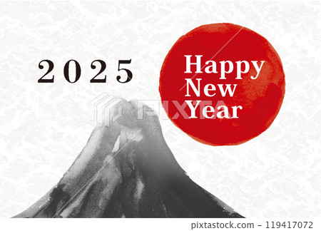 New Year's card design: 2025 Year of the Snake New Year's card template with hand-drawn Japanese-style brush illustrations of Mt. Fuji and the first sunrise 119417072