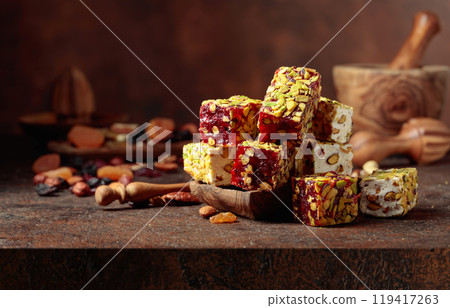 Turkish delight with nuts and dried fruits. 119417263