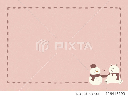Snowman and bear, red hat, dotted frame, pink 119417393