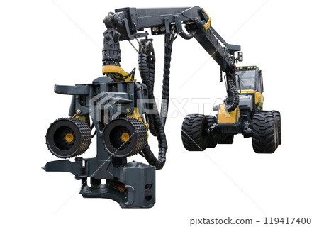Forestry machine isolated. Forest machinery equipment industrial on empty white background. Forestry machine isolated. Forest machinery equipment industrial on empty white background. 119417400