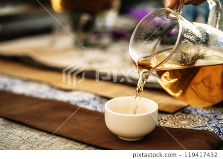 Tea ceremony. Chinese Tea Tasting Ceremony with Master. Traditional Chinese Hot Drink 119417432
