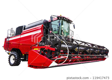 Combine harvester isolate background. Farm agricultural machinery for harvesting Combine harvester isolate background. Farm agricultural machinery for harvesting 119417473