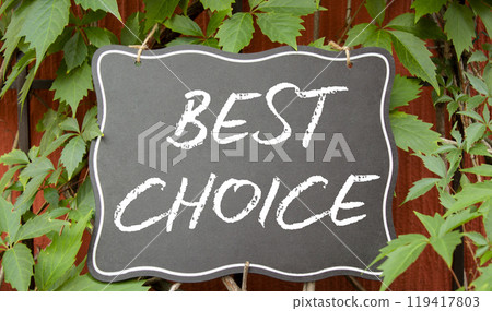 Best choice symbol. Blackboard with words Best choice. Beautiful red background with plants. Business and Best choice concept. Copy space. Best choice symbol. Blackboard with words Best choice. Beautiful red background with plants. Business and Best choice concept. Copy space. 119417803