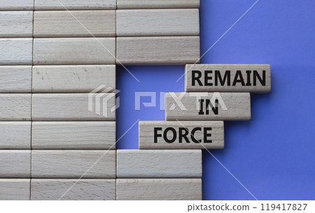 Remain in Force symbol. Concept words Remain in Force on wooden blocks. Beautiful purple background. Business and Remain in Force concept. Copy space 119417827
